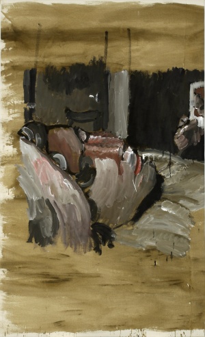 Chris Newman, Portrait im Bett, 1996, Öl auf LW, 150x90cm