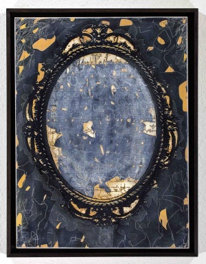 Jan Davidoff: Spiegelschrift 1, 2015, 40 x 30 cm, überarbeiteter Reliefdruck auf 24K Blattgold, 2.500 EUR