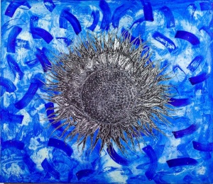 Jan Davidoff, Mittelsonne, 2020, Mischtechnik auf Leinwand, 175 x 200 cm, Blume, Sonne, Blau, Kunst, Konstanz